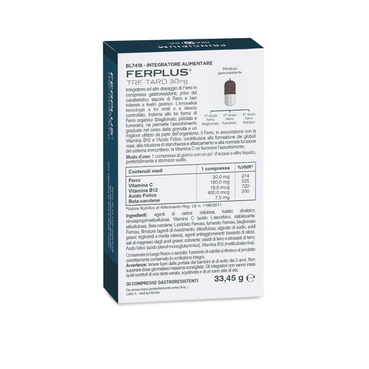 BIOS LINE Principium FerPlus Tre-Tard, Integratore Alimentare in Compresse Gastroresistenti a Rilascio Graduale, Alto Dosaggio di Ferro, 30 Cpr