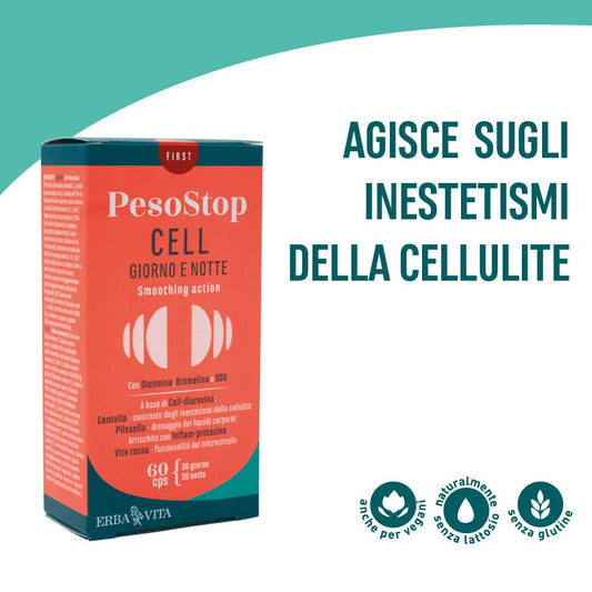 ERBA VITA PesoStop Cell Giorno e Notte integratore alimentare con Ananas e Centella per affrontare gli inestetismi della cellulite 60 Capsule - l'imballaggio può variare