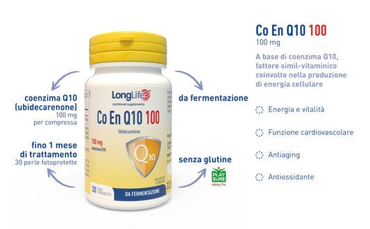 LongLife® CO EN Q10 100mg | Coenzima Q10, ubidecarenone puro | Antiossidante e proenergetico | Da fermentazione | 30 perle fotoprotette | Senza glutine