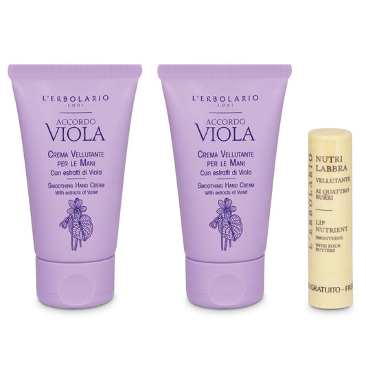 L'Erbolario - ACCORDO VIOLA Confezione Regalo Crema Mani - Pacchetto contenente 2 Creme Mani Vellutante da 40 ml l'uno + in Omaggio 1 NutriLabbra da 4,5 ml ai 4 Burri