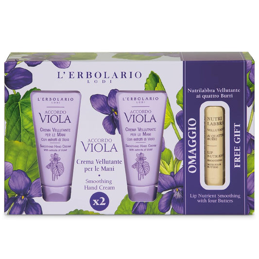 L'Erbolario - ACCORDO VIOLA Confezione Regalo Crema Mani - Pacchetto contenente 2 Creme Mani Vellutante da 40 ml l'uno + in Omaggio 1 NutriLabbra da 4,5 ml ai 4 Burri