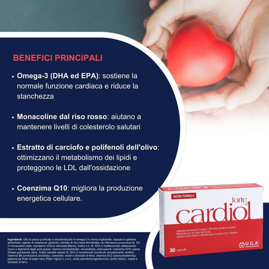 Cardiol Forte Omega 3 e Riso Rosso Fermentato (Monacolina K) - Omega3 EPA DHA da Olio di Pesce Puro con Acido Folico, Coenzima Q10 e Vitamina E - Sostegno per Cuore e Arterie - 30 Capsule
