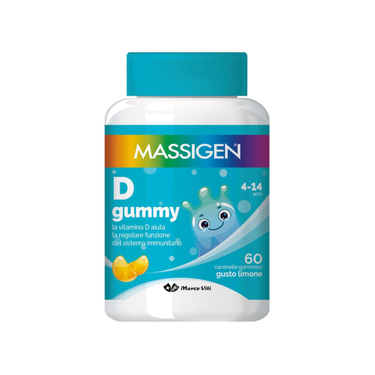 Massigen - D Gummy, 60 Caramelle da 3,3 g, Integratore Alimentare con Vitamina D, Vitamine Gommose per Bambini 4-14 Anni, Gusto Limone, Per Sistema Immunitario e Ossa Sane